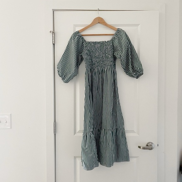 Maxwell & Geraldine Charlotte Smocked Striped Midi Dress Forest Green - Picture 6 of 10